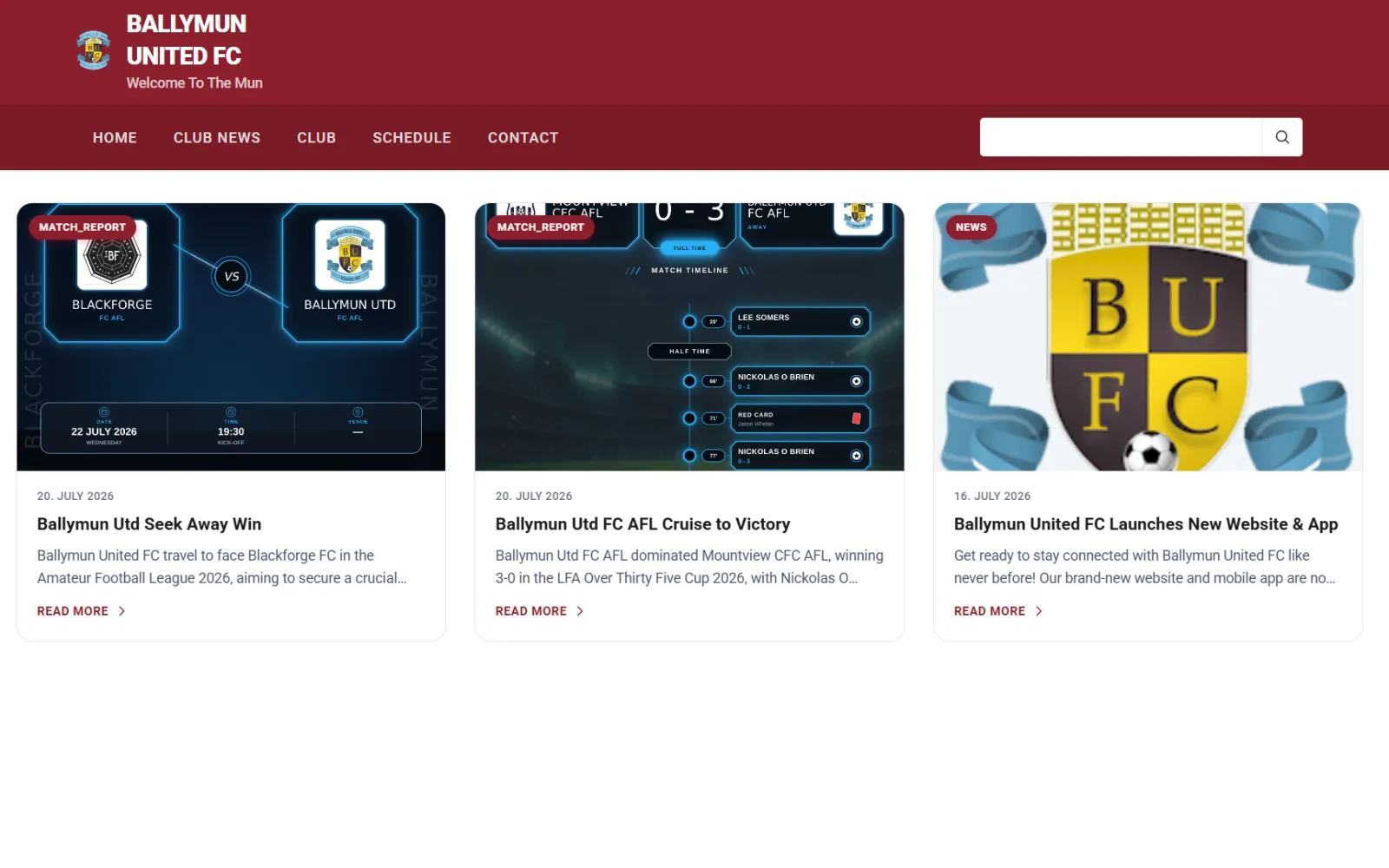 Ballymun United FC Vereinswebsite in der Desktop-Ansicht