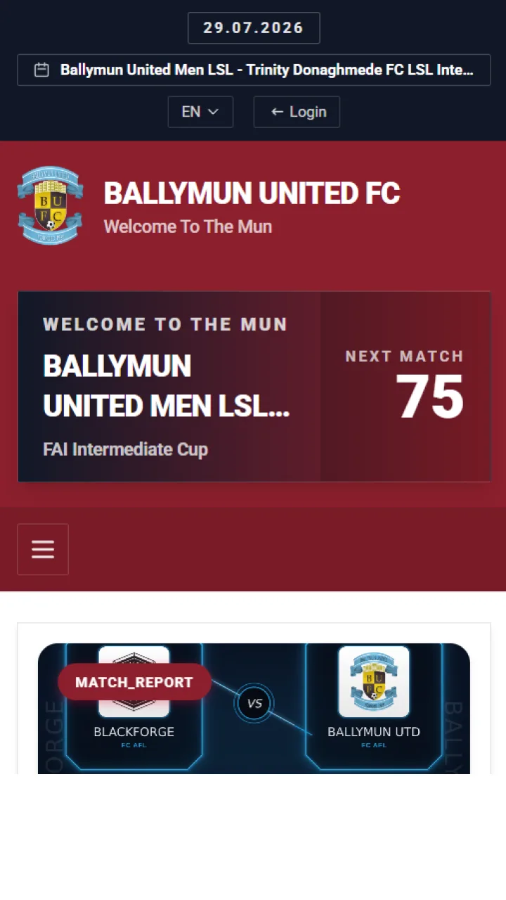 Ballymun United FC Vereinswebsite in der mobilen Ansicht